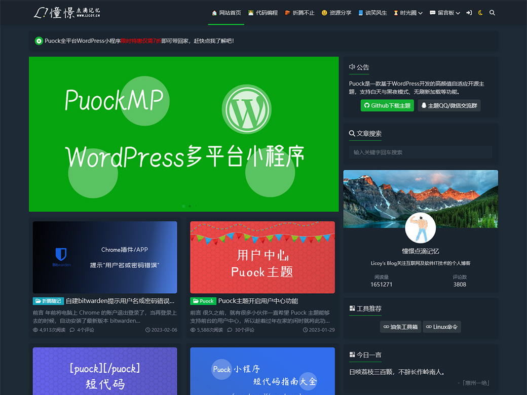 高颜值黑白两种模式的WordPress免费CMS主题Puock